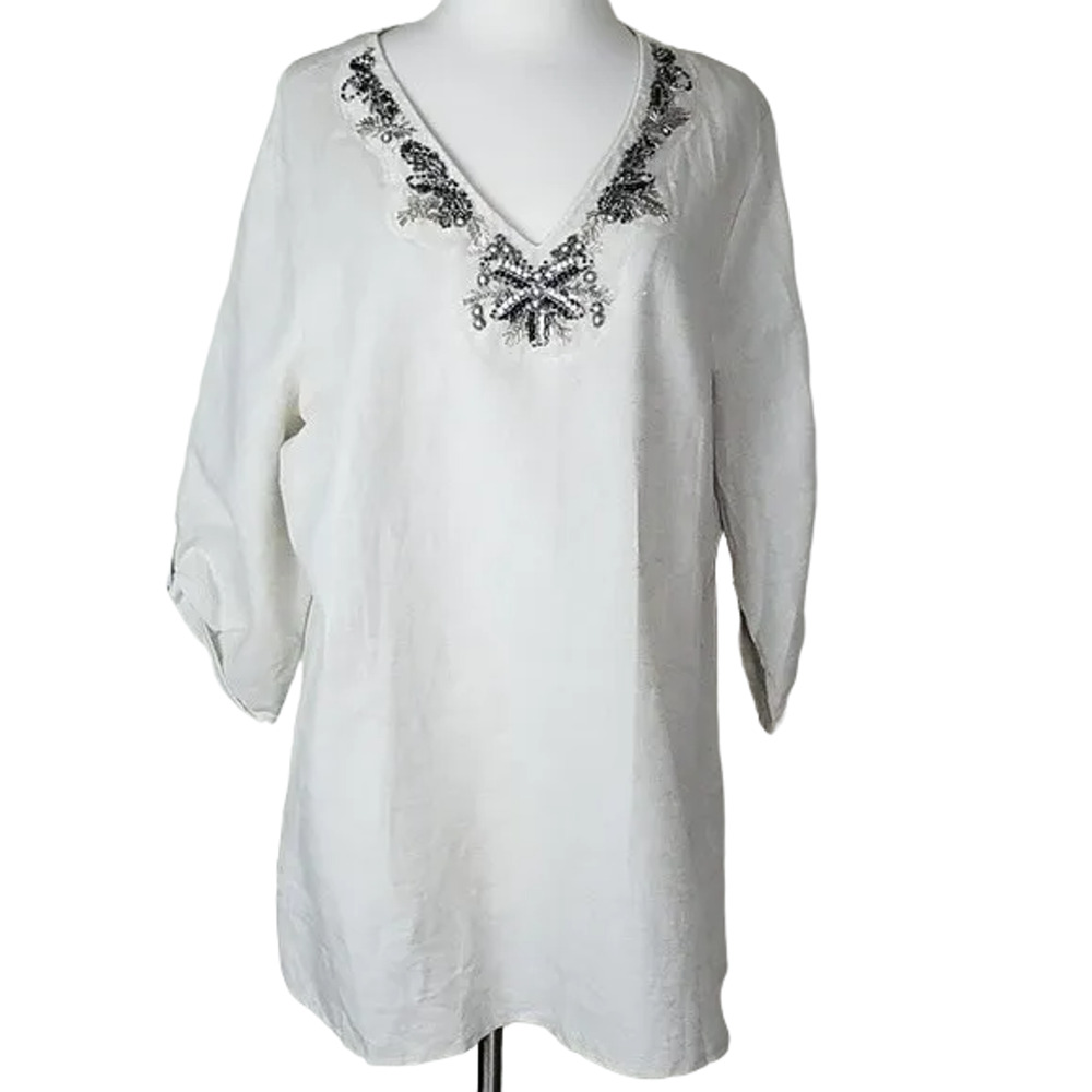 Canda Linen Cotton Tunic Top Size 18 Beaded Embellished Breathable Lightweight